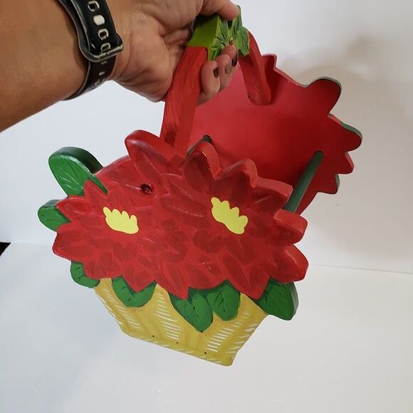 CUTE Little Red Christmas Poinsettia Wooden Basket Decor Holiday Handle Caddy - Picture 9 of 9